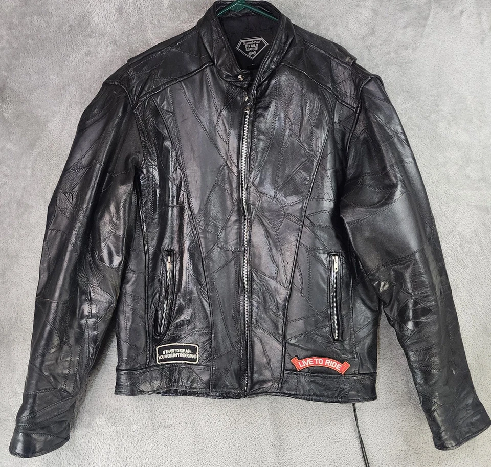 Diamond Plate Buffalo Leather Jacket Mens XL Black Patchwork Biker Motorcycle - Image 2 of 4