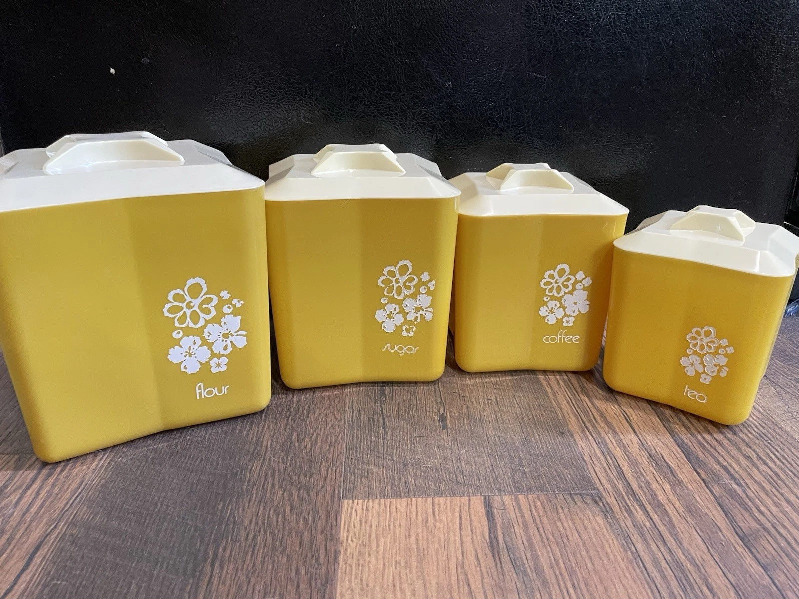 4 Vintage PLASTIC Kitchen Canisters YELLOW Square FLORAL Flour Sugar Coffee Tea