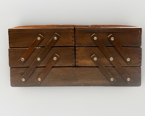 Vintage Accordion Wooden Sewing Box Fold Out Farmhouse Fully Loaded 16.5 x 8.5”