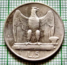 ITALY VITTORIO EMANUELE III 1927 5 LIRE Eagle on Fasces 0.835 SILVER Cleaned
