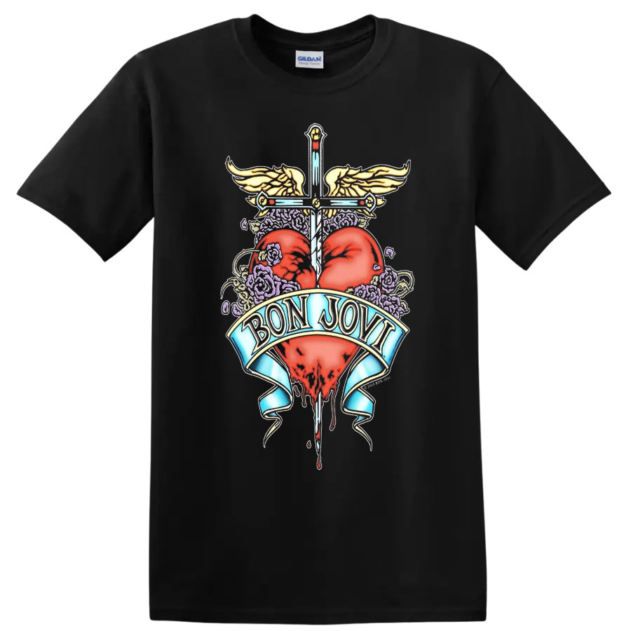 Bon Jovi Rock Metal Heart Sword Wings T Shirt Vintage Music Tee