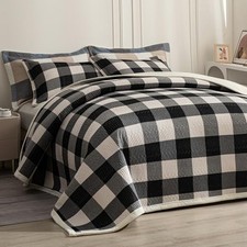 Cotton Plaid Quilt Set, Ultra Soft 3 FULL/QUEEN 90"x96" Grid-black White