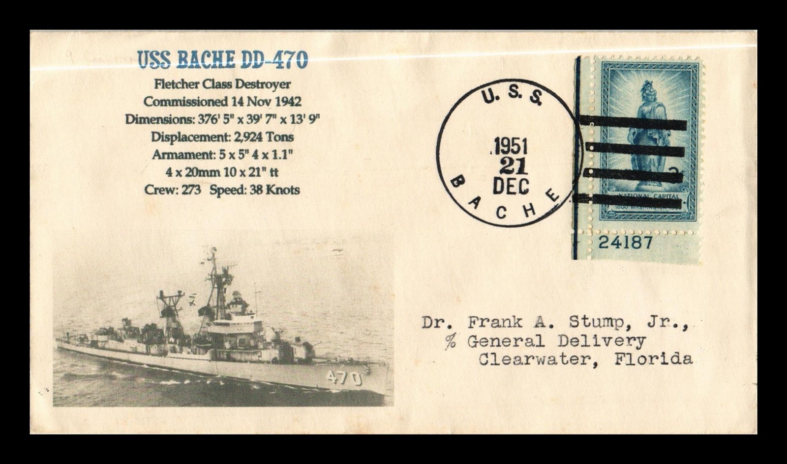 Dr Jim Stamps U.S.S. Bache Naval Cancel Add On Cachet By Mhcachets Uscs 7913