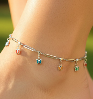 Elegant Silver Color Brass Anklet Multi-Color Butterfly Charm Boho Design Anklet