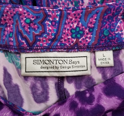 Simonton Says Top Womens Large L Purple Blue Leopard Paisley Short Sleeve Blouse - 第 6/17 張圖片