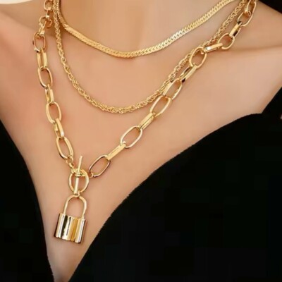 NEW Gold Multi Layered Paper Clip T-Bar Toggle w/Lock Necklace