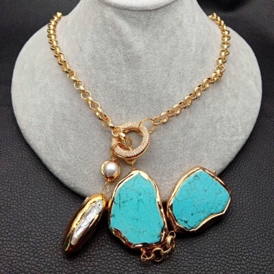 White Biwa Pearl Turquoise Lariat  Chain Necklace 27''