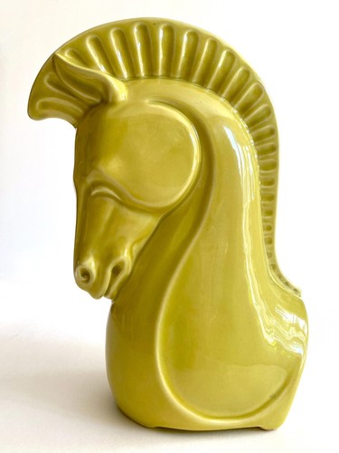 VTG 1950'S MID CENTURY MODERNIST CHARTREUSE ART POTTERY HORSE HEAD CERAMIC VASE - Picture 1 of 12