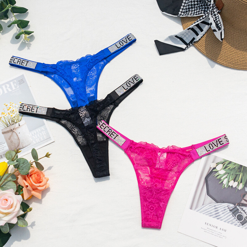 Rhinestone Lace Low Waist Thong Breathable Casual Style Brand New