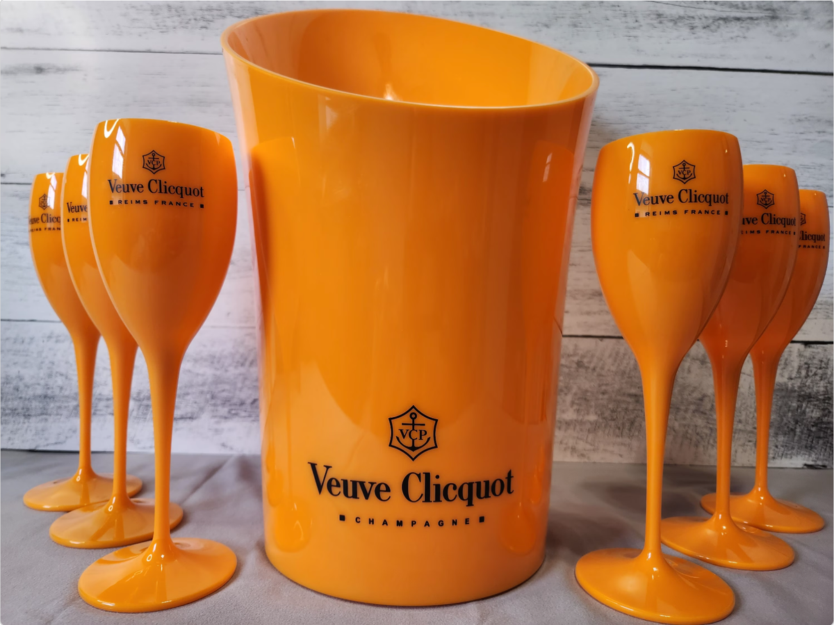 Veuve Orange Plastic Champagne Flute Glass | Matching Ice Bucket
