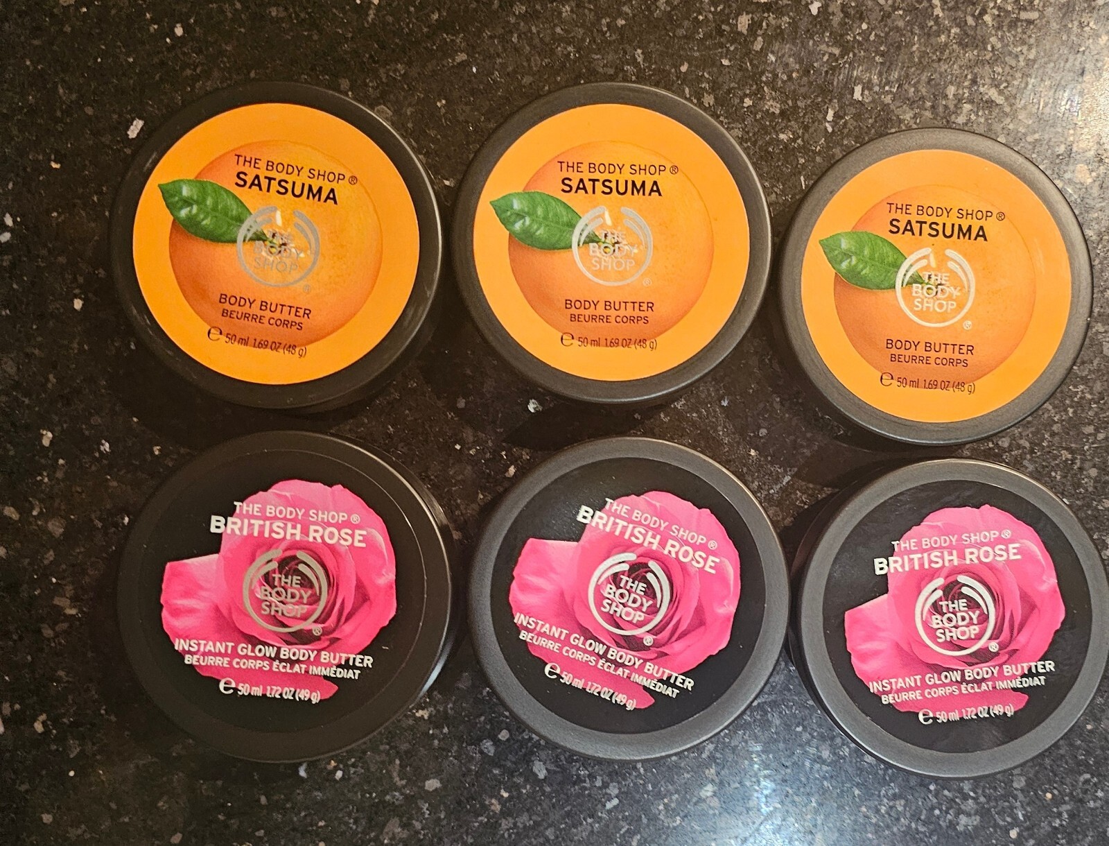 BODY SHOP BODY BUTTER 3 × 50ml SATSUMA + 3 × 50ml BRITISH ROSE = 300 ml