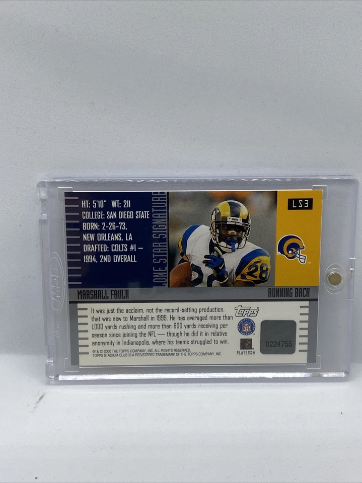 2000 Topps Stadium Club Marshall Faulk Lone Star Signatures Auto Salón de la fama #LS3 Foto 2 de 3
