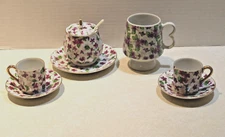 Chintz Purple Flower 2 Tea Cups with Saucers Footed Cup and Saucer Covered Sugar