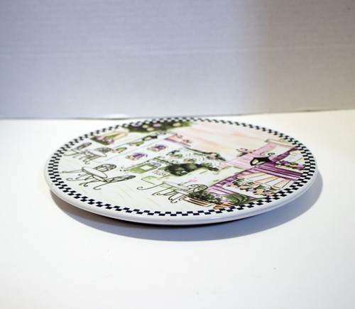 Trivet 8" Street Cafe Ceramic Hot Plate Illustrated Design Checkerboard Trim - Picture 5 of 6