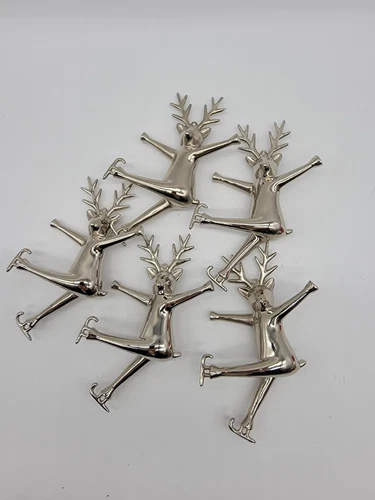Silver/chrome  Metal Reindeer Ice Skating Christmas Ornaments Set of 5 