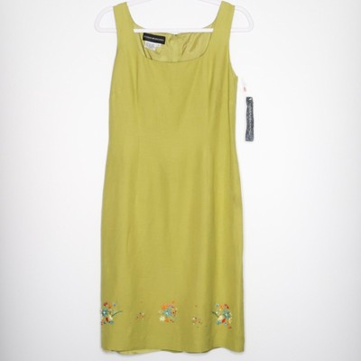 Donna Morgan VINTAGE Linen Blend Green Embroidered Floral Dress Size 6 NWT