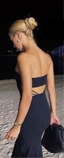 Zara Black Sweetheart Cut Out Back Slit Midi Black Dress Size S Bloggers Fave