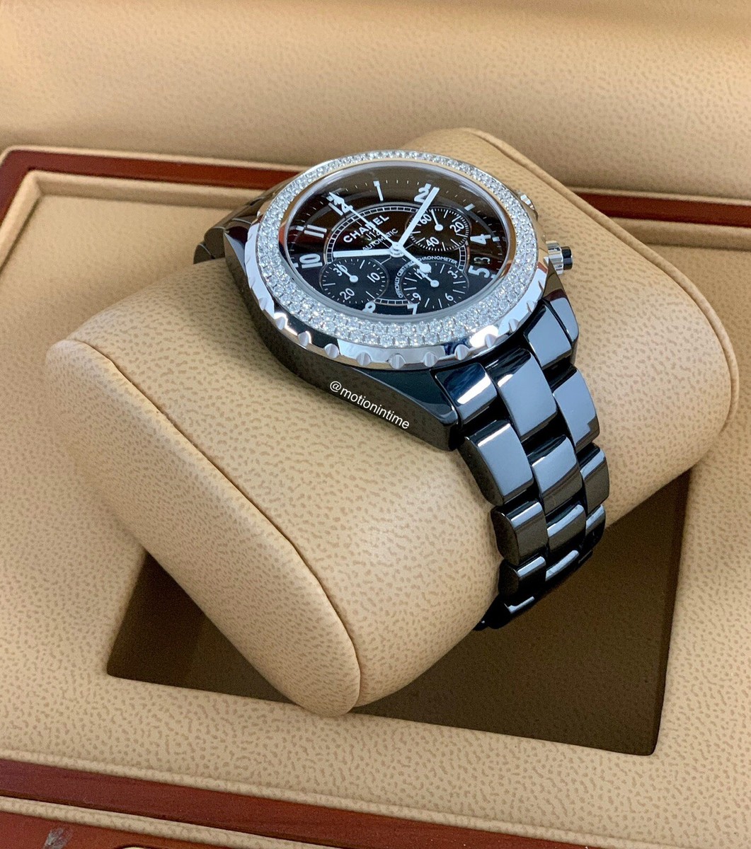 Chanel J12 Chronograph 41mm, Black Dial, Diamond Bezel - Black