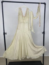 Antique 1930s Bias Cut Pale Green Taffeta Full Length Dress Braided Trim AS IS
