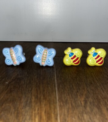 4 Resin Childrens Dresser Drawer Pulls 2 Blue Butterflies 2 Yellow Bumble Bees