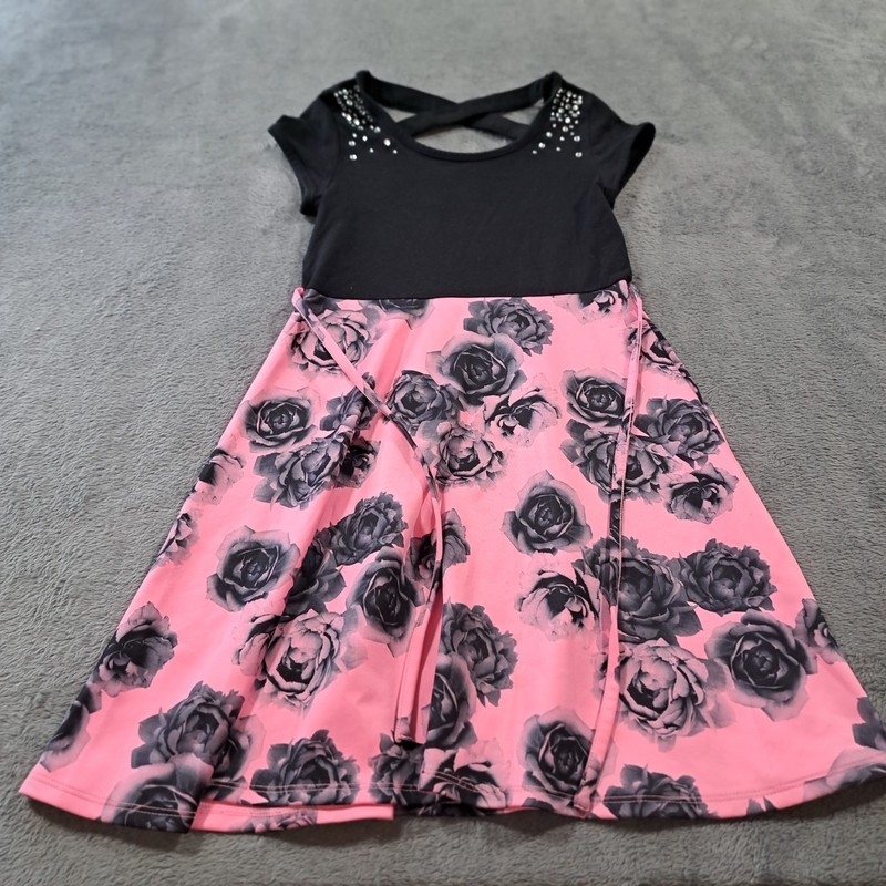 Justice Fit & Flare Pink and Black Floral Dress Girls Size 10 Casual Round Neck