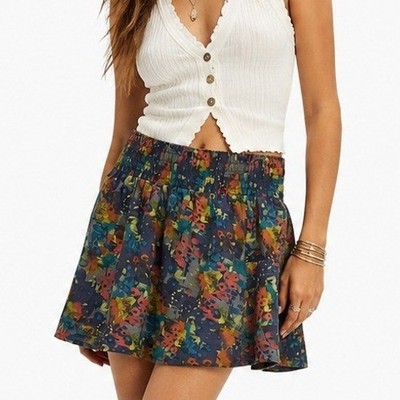 Frenchi Womens Abstract Floral Smocked Waist Mini Skirt Multi-Color Size M NWOT