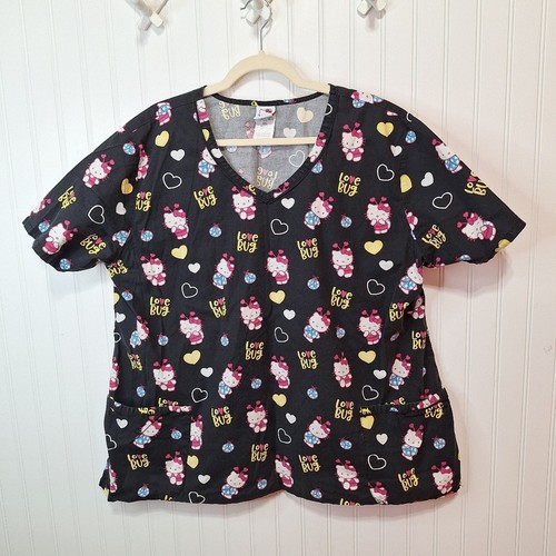 Hello Kitty by Sanrio Ladybug Scrub Top Love Bug Graphic Black Pockets Size 4XL