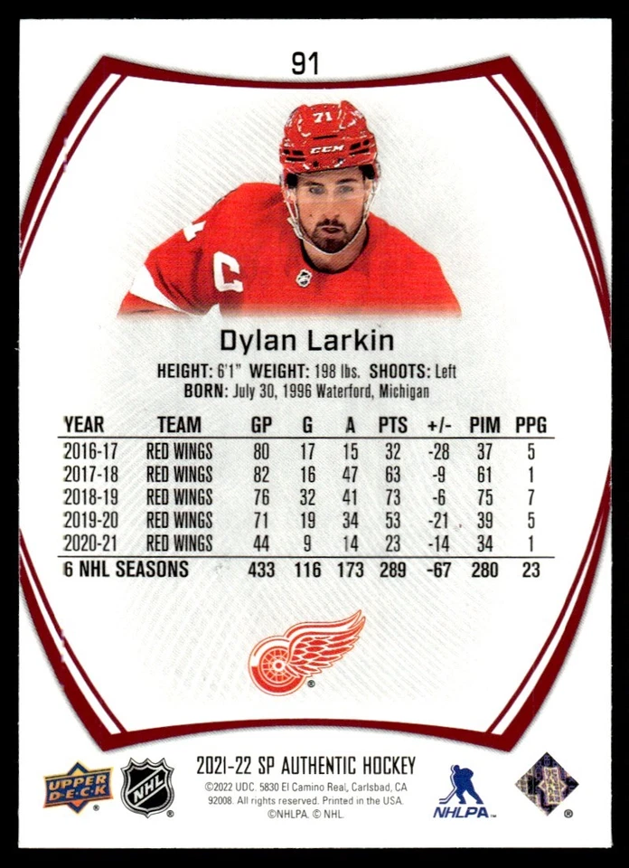 2021-22 SP AUTHENTIC LIMITED RED Dylan Larkin Detroit Red Wings #91 - Image 2 of 2