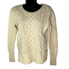 Eddie Bauer Medium Women's Cream Lambs Wool Blend Cable Knit Sweater Crew Neck