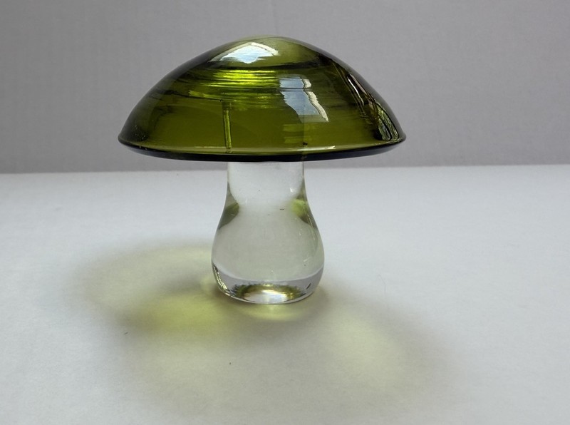 Vintage Olive Green Art Glass Mushroom Paperweight 2.75” MCM Scandinavian Style
