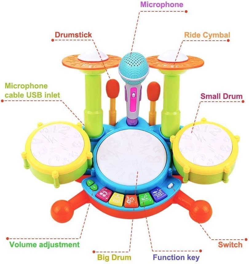 Kids Drum Set for Toddler 1-3, Musical Instruments Learning Toys with 2 Drum ...