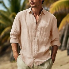 Men's Linen Button Down Shirts - Casual Long Sleeve Summer Beach Wear