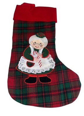 Vintage Mrs Claus Christmas Stocking Red Green Plaid Applique Avon Santa Holiday