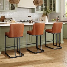 24" Bar Stool Counter Height Bar Chair Set of 3 PU Leather Dining Chair Brown