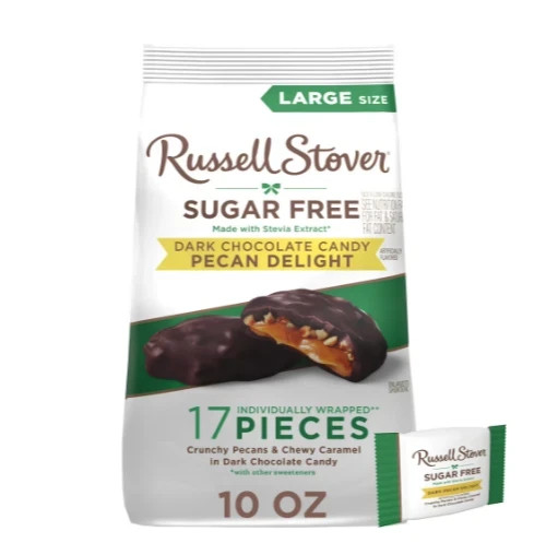 RUSSELL STOVER Sugar Free Dark Chocolate Pecan Delights Candy, 10 oz. bag
