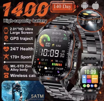2026 Outdoor Smartwatch mit LED-Taschenlampe 10ATM Wasserdicht Bluetooth-Anruf