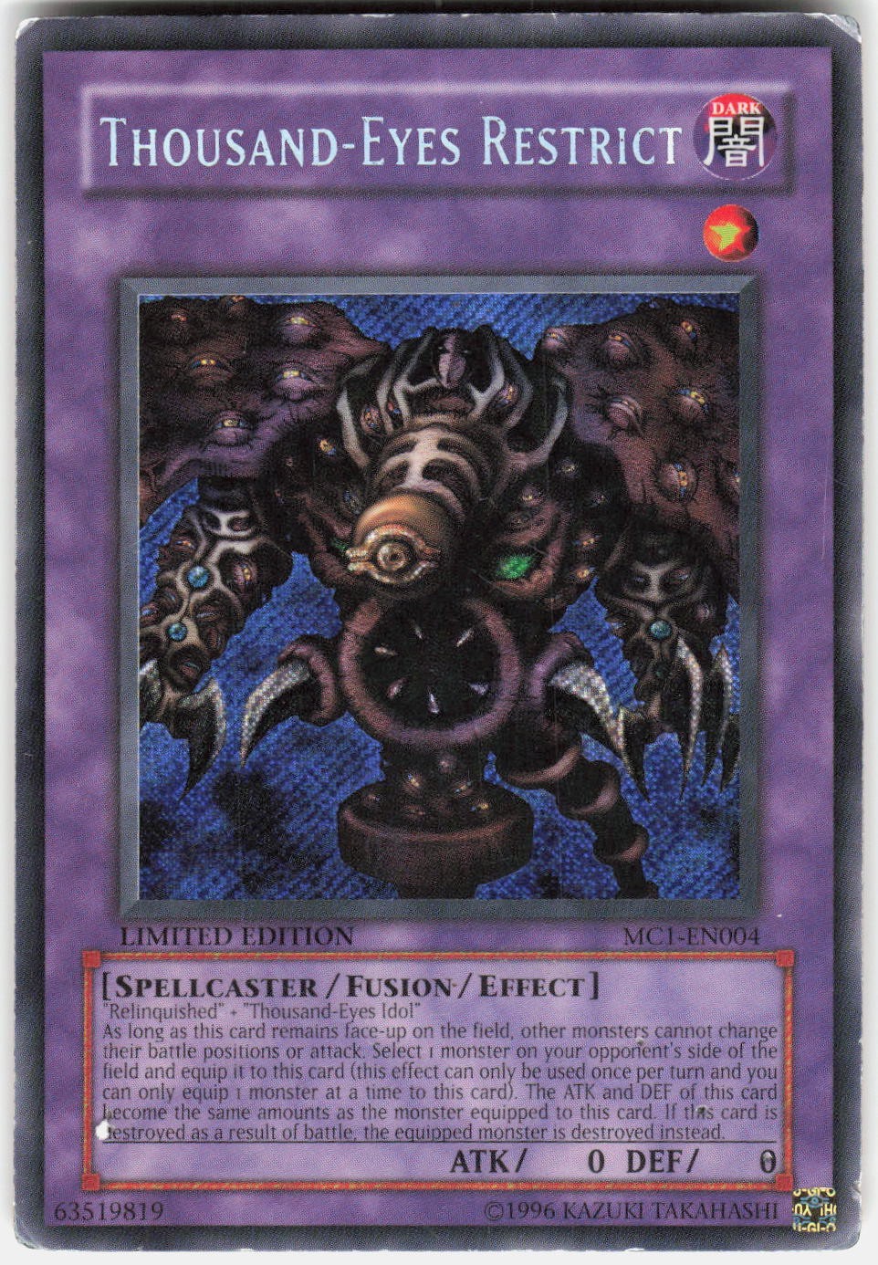 Thousand-Eyes Restrict MC1-EN004 YuGiOh Master Collection Volume 1 trading card — raw and PSA graded price guide