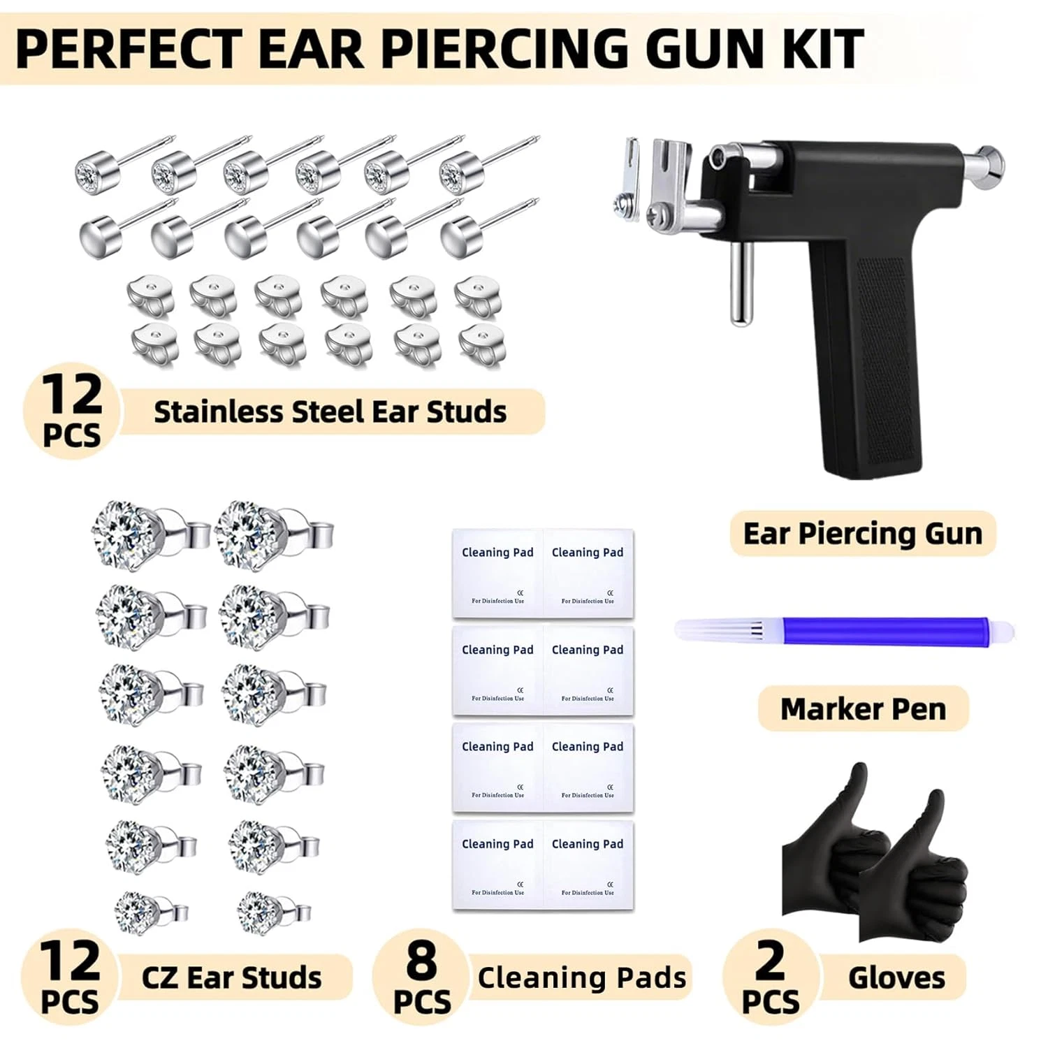 Self Ear Piercing Gun Kit with 12 Pairs of CZ Ear Stud Piercing Tools with Multi - product detail image 4