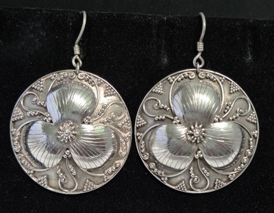 Sterling Vintage Ohrhänger Handarbeit 925 Blume Kuppel Scheibe Haken 2'' lang