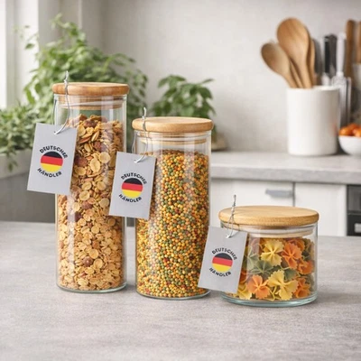 Vorratsdose 3 Größen Glasbehälter + Bambus Deckel Vorratsglas Aufbewahrungsglas - Bild 1 von 4