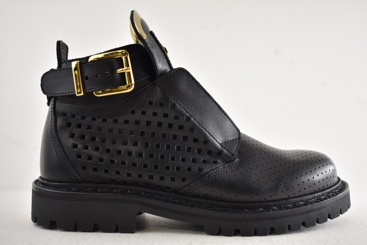 Balmain King Taiga Ranger Black Leather Perforated Gold Biker Moto 