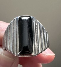 Black Onyx Men  s Ring Sz 11-1/4  SC  Sterling Detailed Sides Marked Stamped
