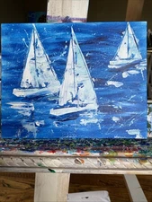 Sailing Boats,paintings on canvas Panel original 8/10, Abstract Seascape