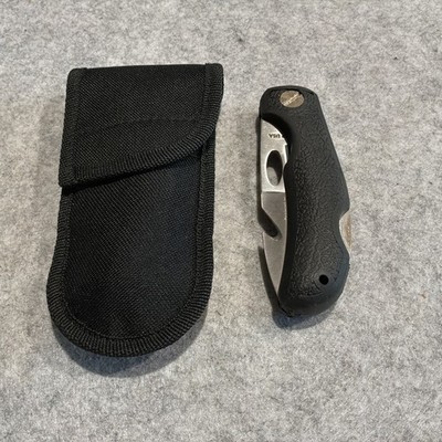Blackie Collins Camp USA Black Rubber Handle Gut Hook Pocket Knife Mint In Pouch