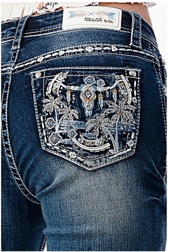 Pantalones de mezclilla elásticos elásticos con cabeza de vaca de dirección occidental para mujer Grace in LA