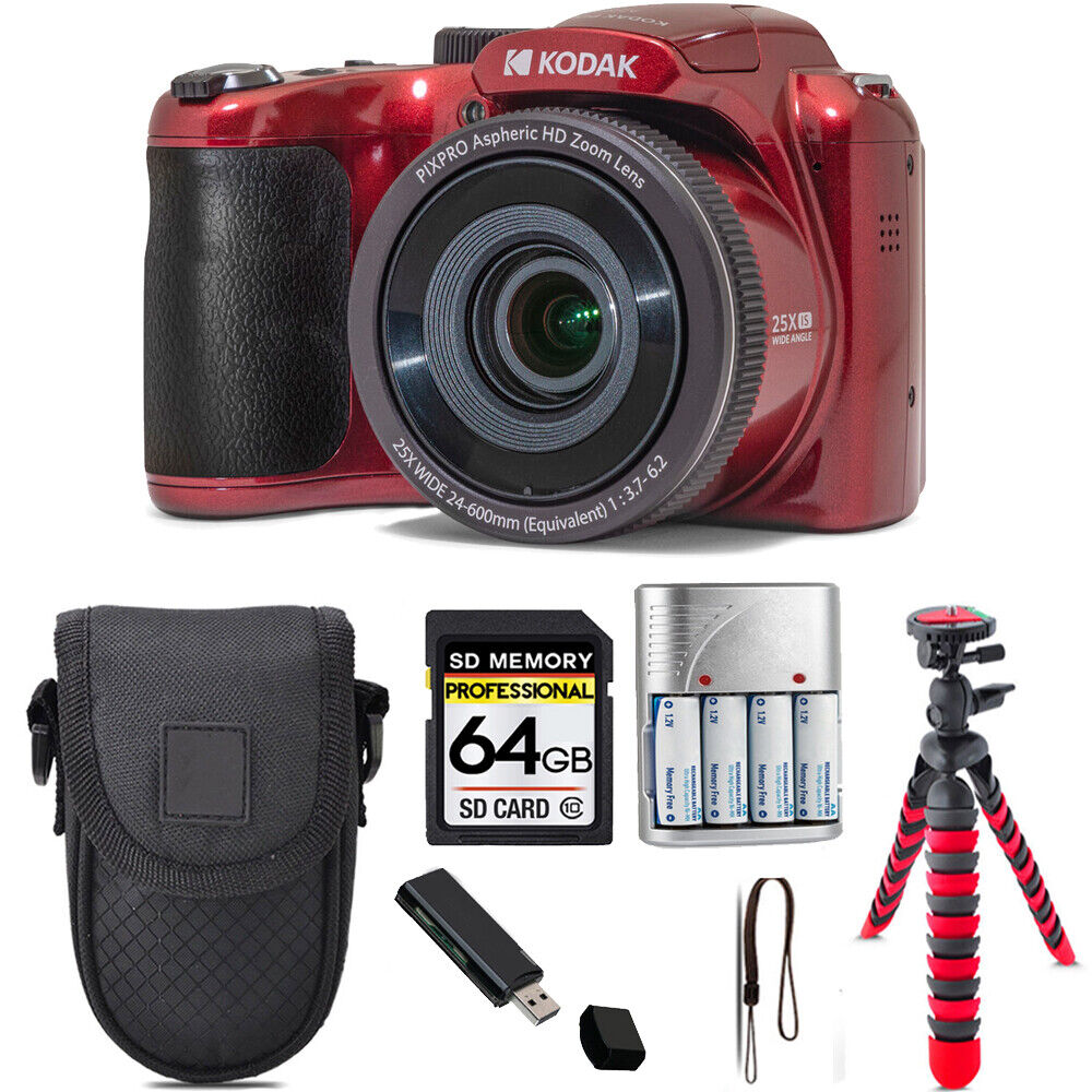 Kodak PIXPRO AZ255 Digital Camera (Red) + Tripod + Case