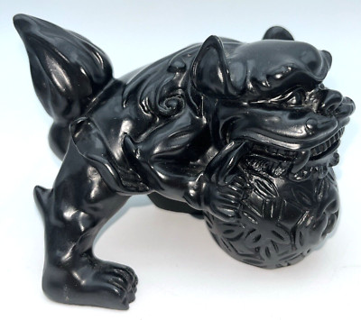 Japanese Netsuke Black Foo Dog ShiShi Holding Tama Ball Lion Decorative Figurine