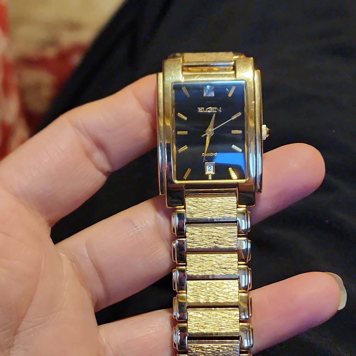 Elgin Men's Watch Diamond Date Quartz Black-Dial Gold Tone New