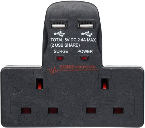 2x SURGE PROTECT Cavo Free 2 Vie Adattatore di Rete Porte di Ricarica USB 2.4A Nero - Foto 3 di 8