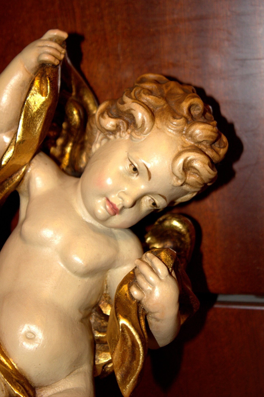 11" ANRI WOOD HAND CARVED CARVING ANGEL PUTTO CHERUB ITALY STATUE WALL FIGURE